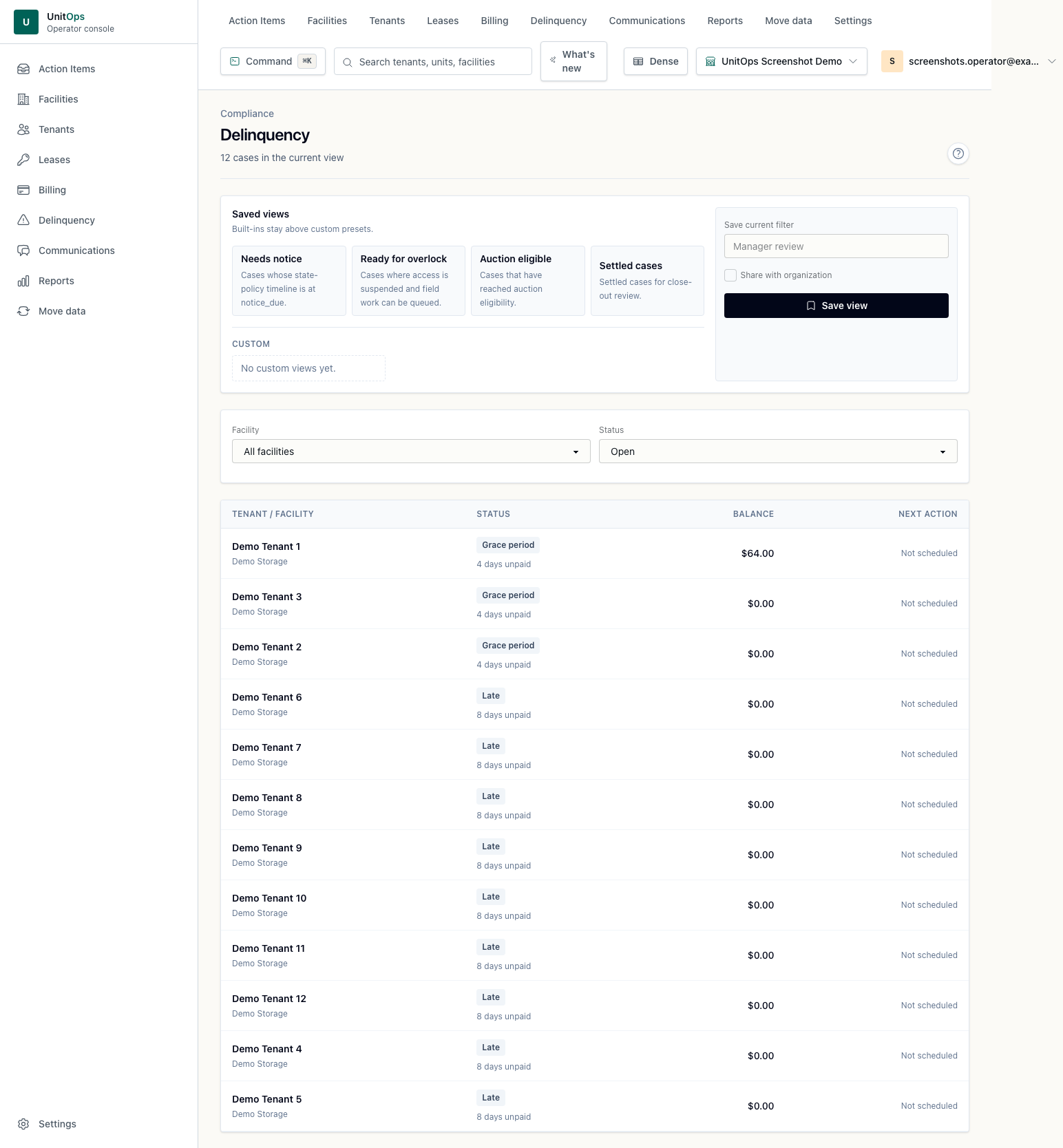 UnitOps delinquency index showing state-aware lien-clock cases