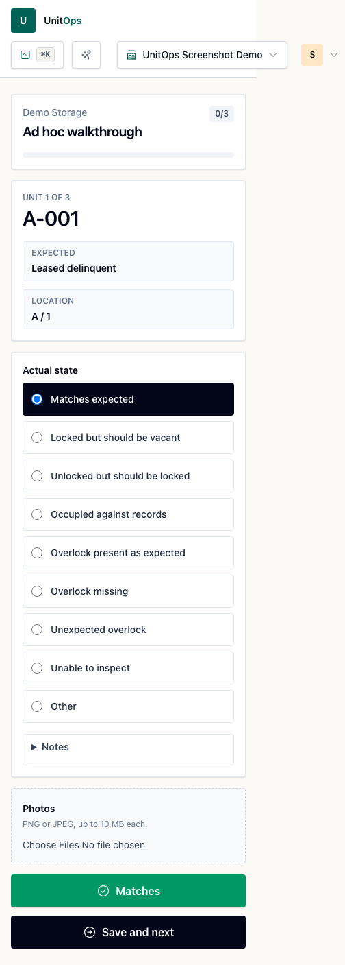 UnitOps mobile unit walkthrough capturing a timestamped photo